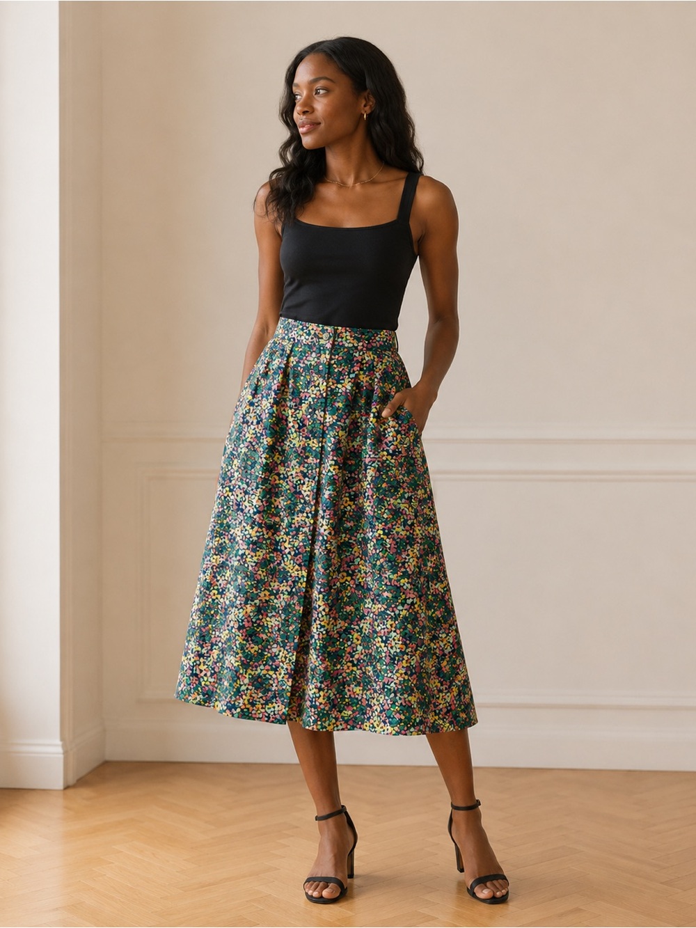 LOFT Floral Confetti Midi Skirt - Green